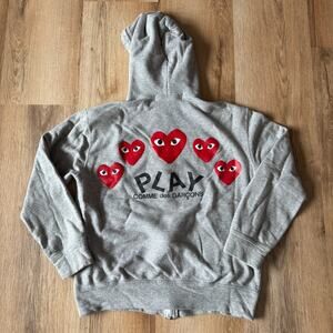 Comme Des Garcons CDG Play Gray Multi Heart Zip Up Hoodie Size Large 100% Cotton